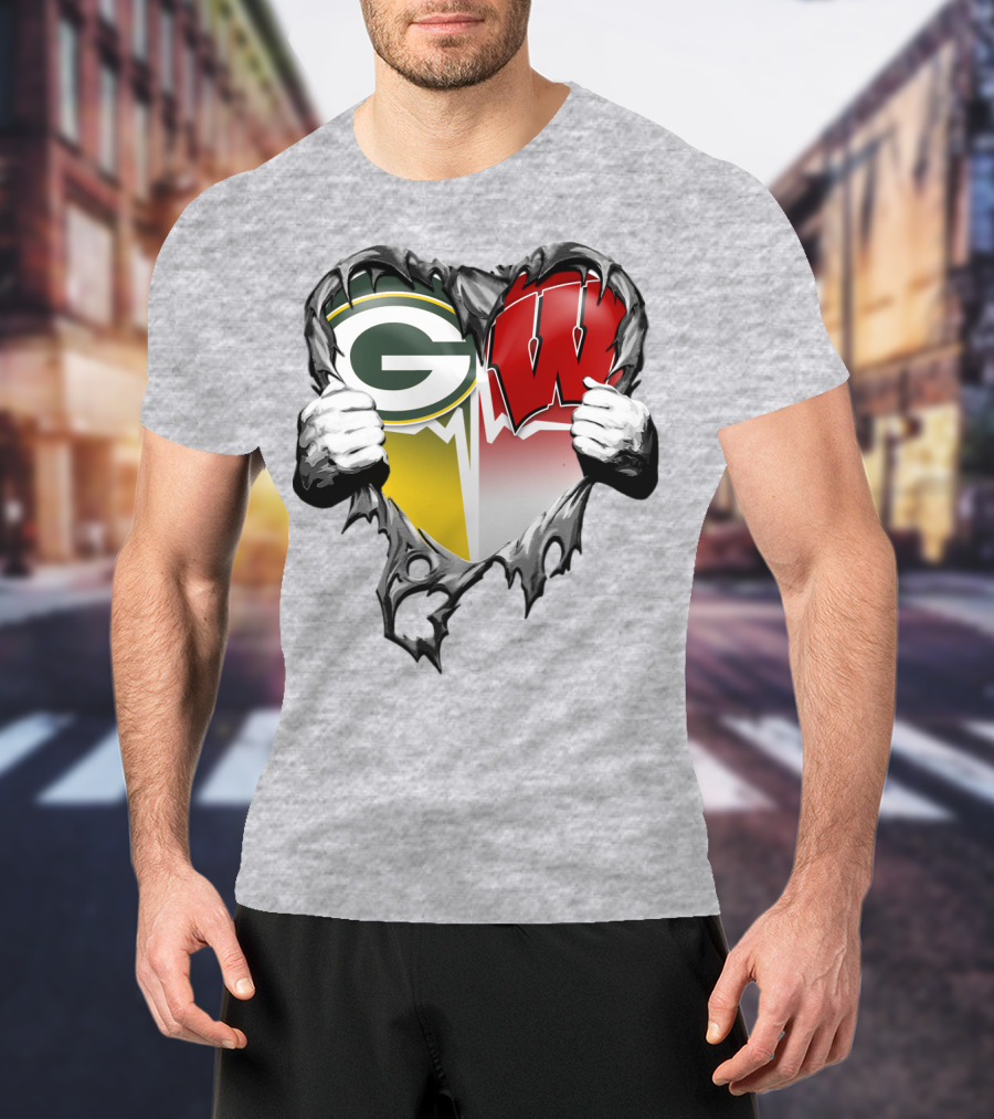 Green Bay Packers And Wisconsin Badgers Rip Heart T-Shirt