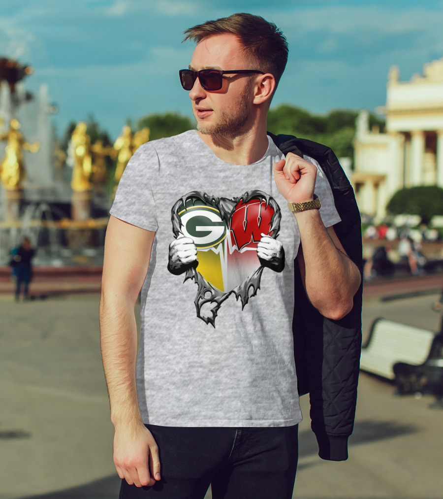 Green Bay Packers And Wisconsin Badgers Rip Heart T-Shirt