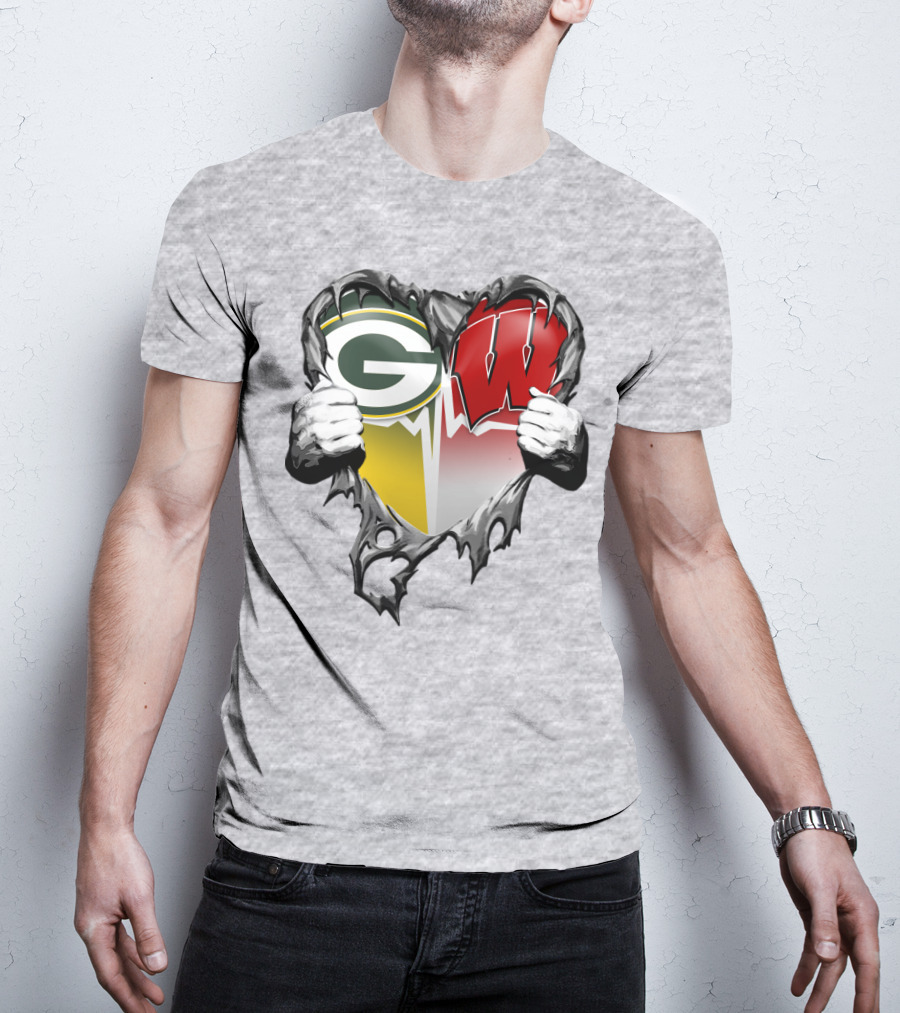 Green Bay Packers And Wisconsin Badgers Rip Heart T-Shirt
