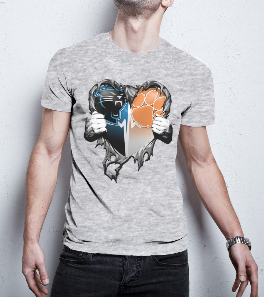 Carolina Panthers Clemson Tigers Heart Ripped T-Shirt