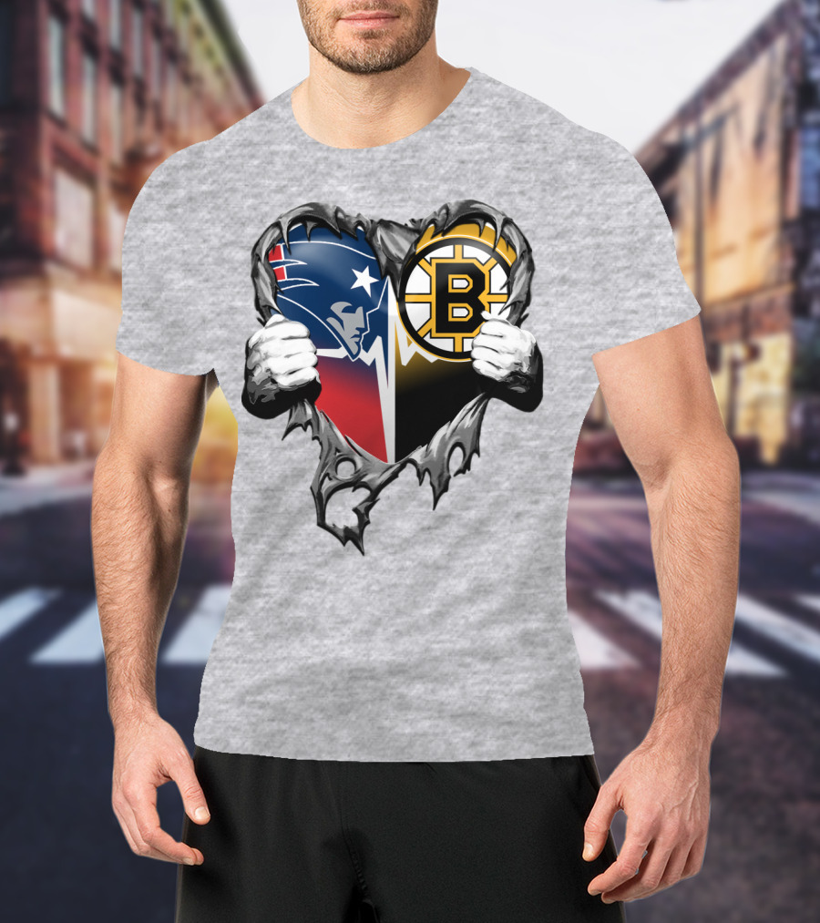 Patriots Bruins Torn Heart Logo Fusion T-Shirt