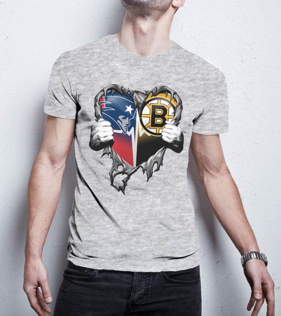Patriots Bruins Torn Heart Logo Fusion T-Shirt
