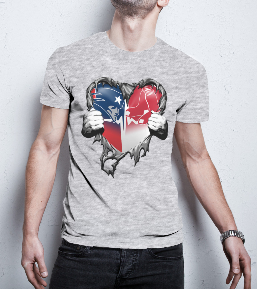 Patriots And Red Sox Heart Design With Torn Metal Effect T-Shirt
