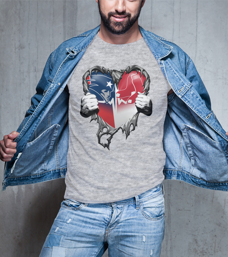 Patriots And Red Sox Heart Design With Torn Metal Effect T-Shirt