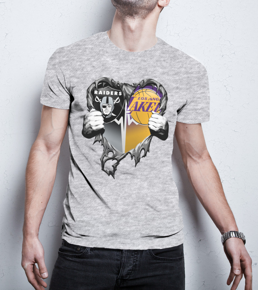 Raiders Los Angeles Lakers Heart Logo Tear T-Shirt