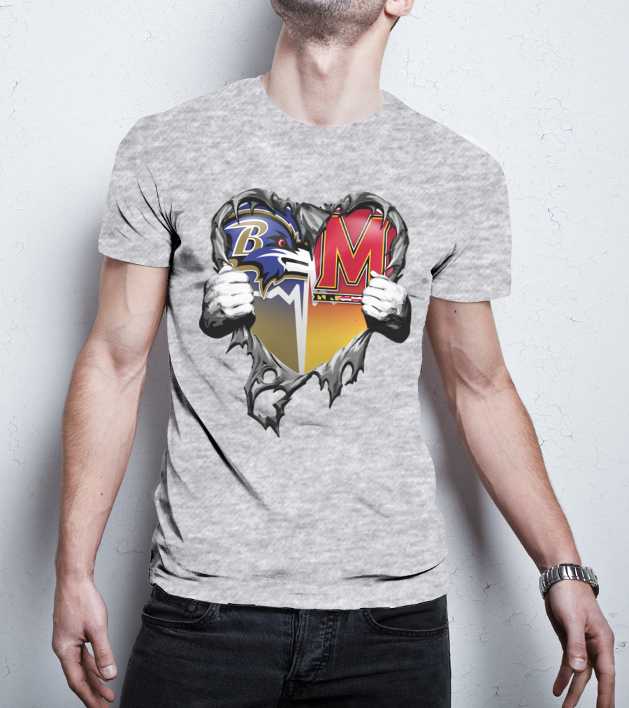 Baltimore Ravens Maryland Terrapins Heart Rip Football Fan T-Shirt