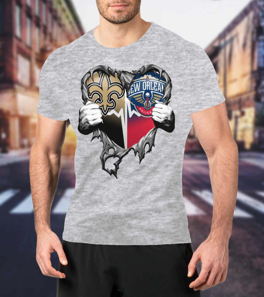 New Orleans Saints Pelicans Heart Tear T-Shirt