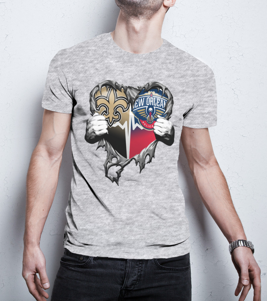 New Orleans Saints Pelicans Heart Tear T-Shirt