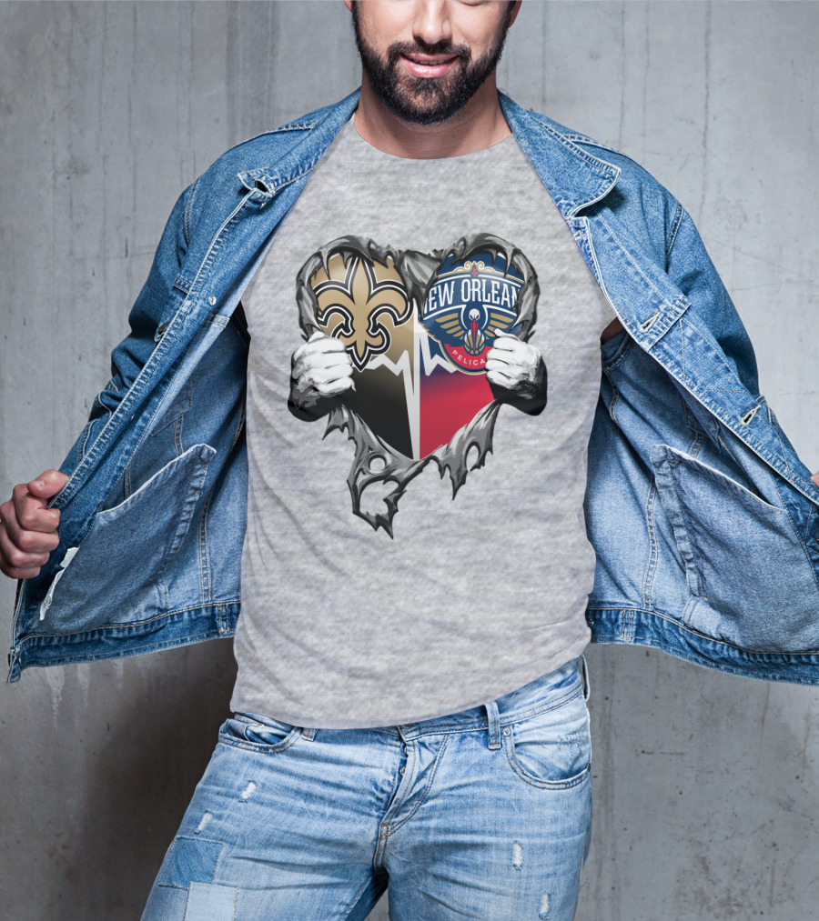 New Orleans Saints Pelicans Heart Tear T-Shirt