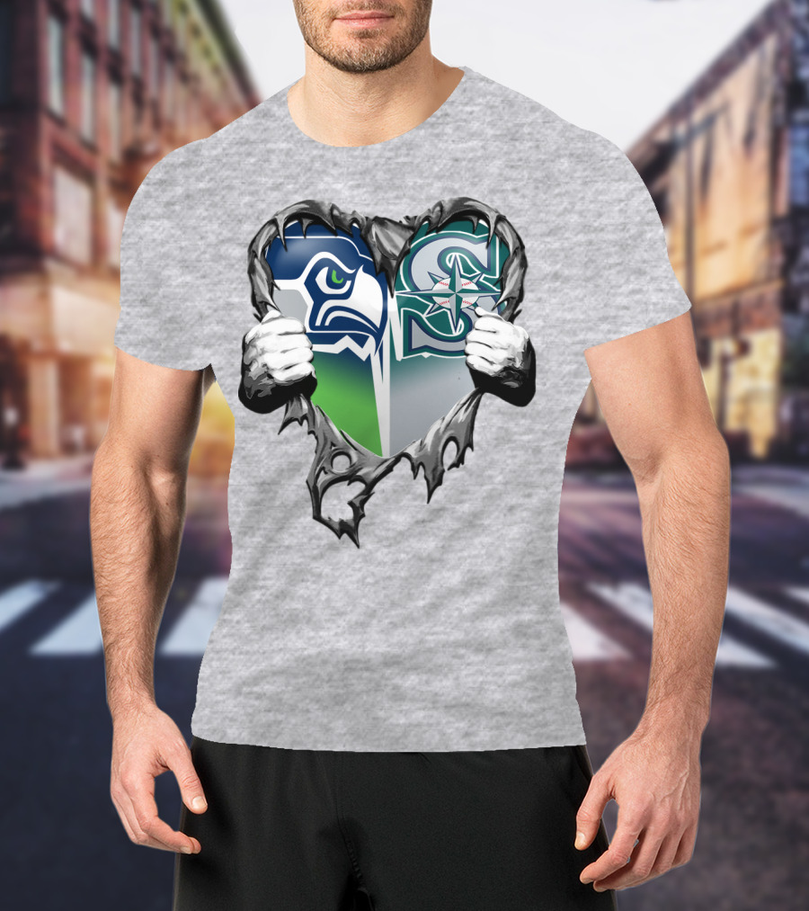 Seahawks Mariners Heart Hands Logo Fusion T-Shirt