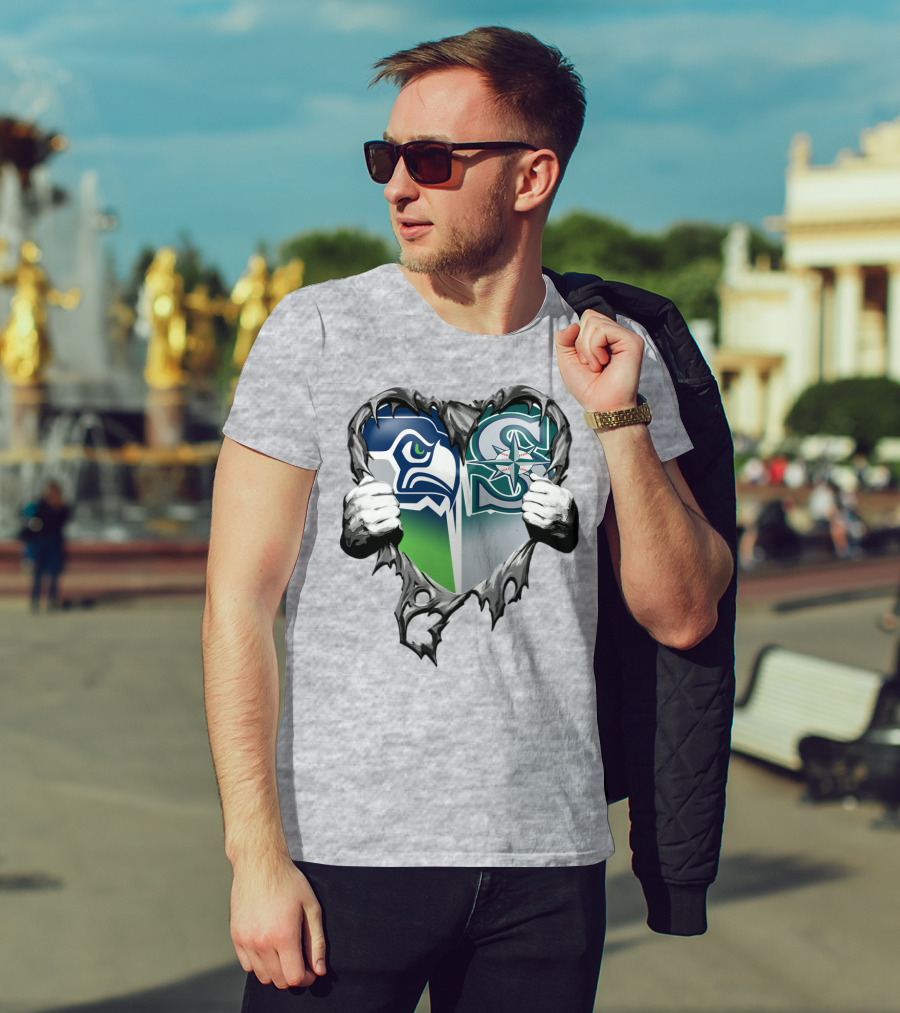 Seahawks Mariners Heart Hands Logo Fusion T-Shirt