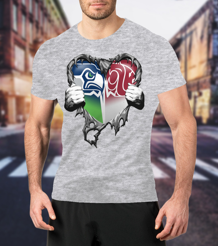 Seattle Seahawks And Washington State Cougars Split Heart T-Shirt