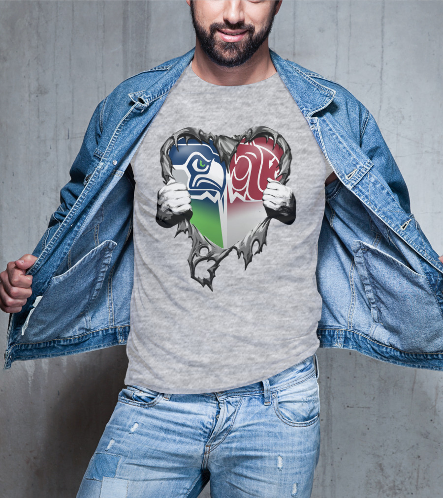 Seattle Seahawks And Washington State Cougars Split Heart T-Shirt