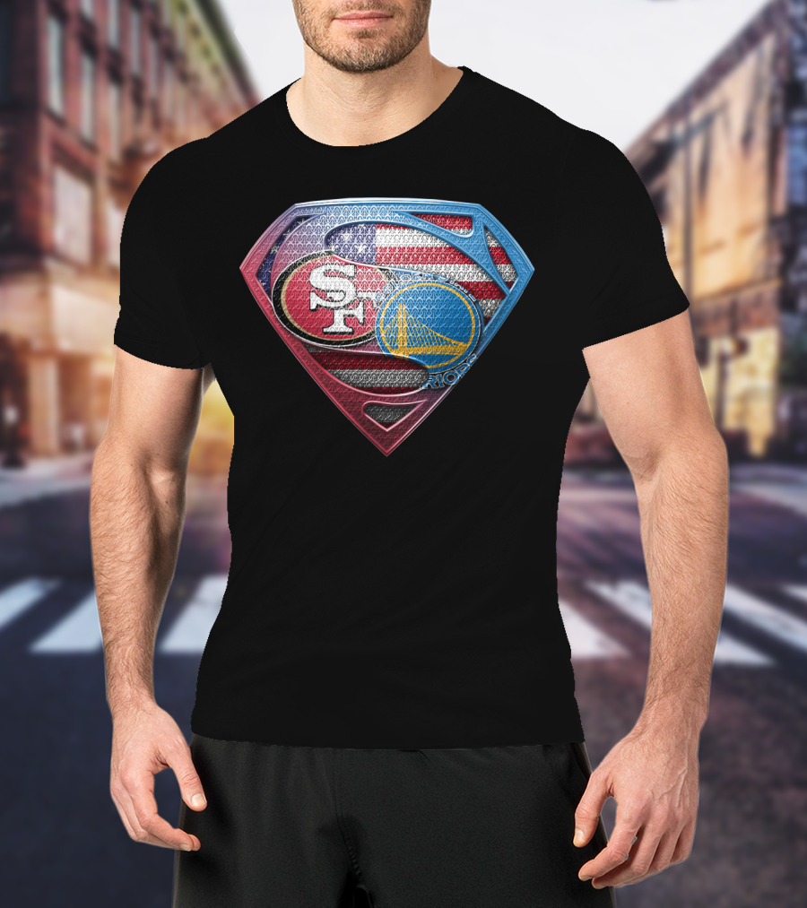 San Francisco 49ers And Golden State Warriors Super Shield American Flag T-Shirt