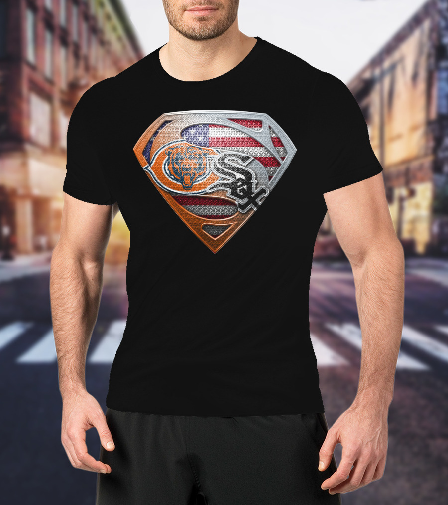 Chicago Bears White Sox American Flag Superman Shield T-Shirt