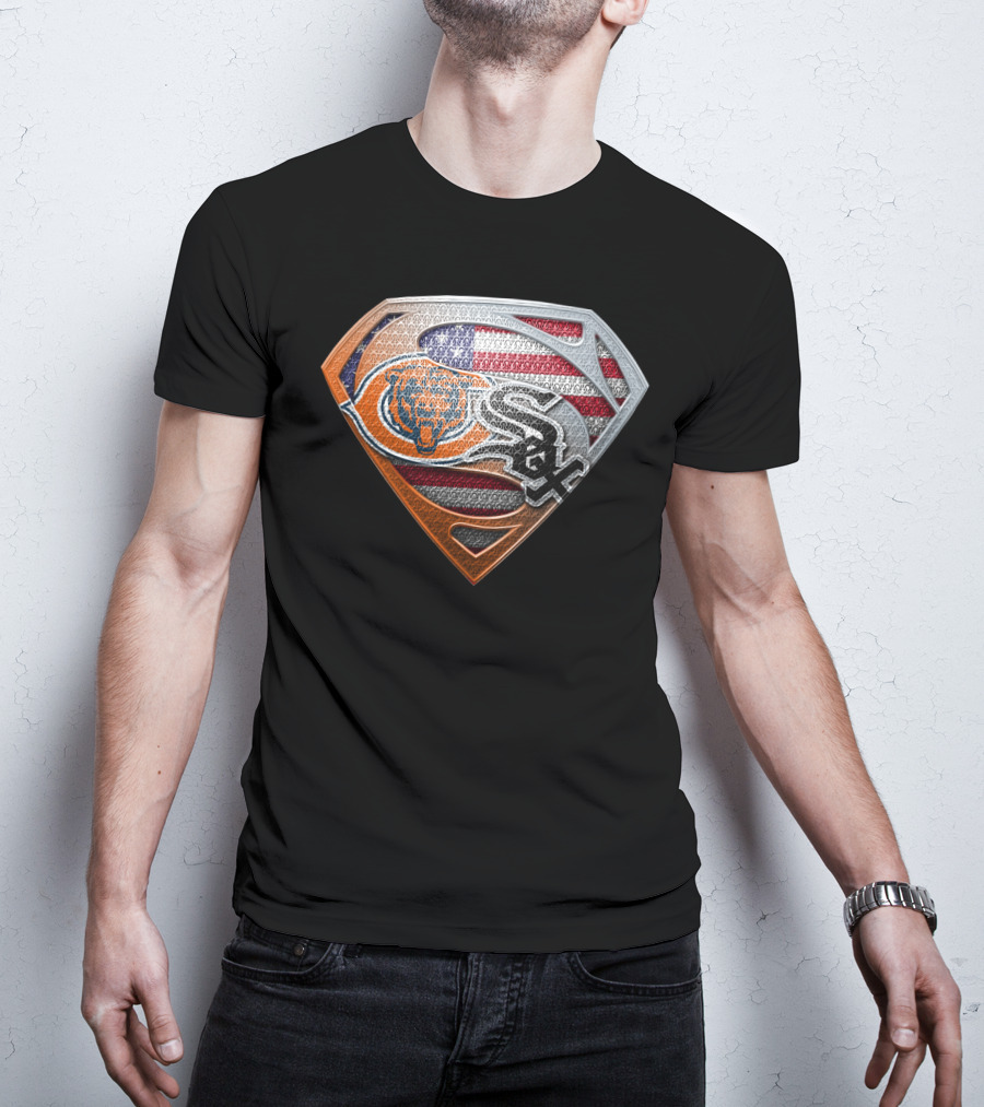 Chicago Bears White Sox American Flag Superman Shield T-Shirt