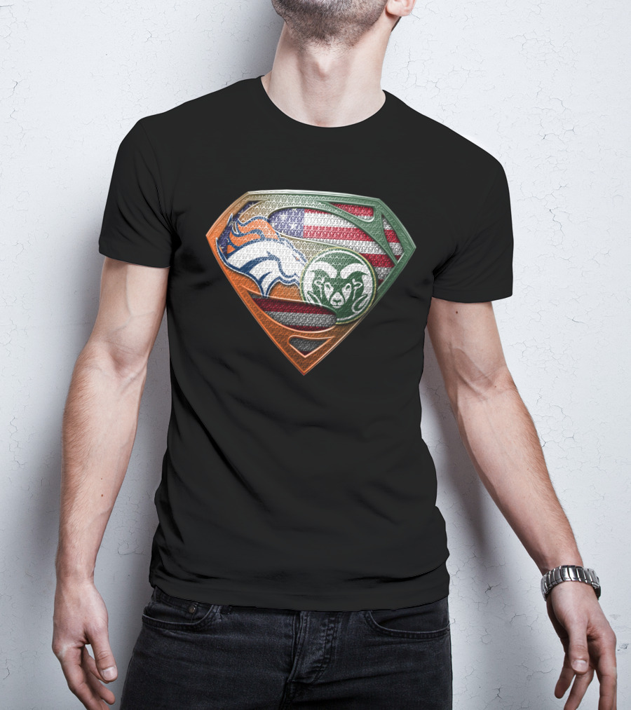 Denver Broncos And Colorado State Rams Superman Shield American Flag Montage T-Shirt