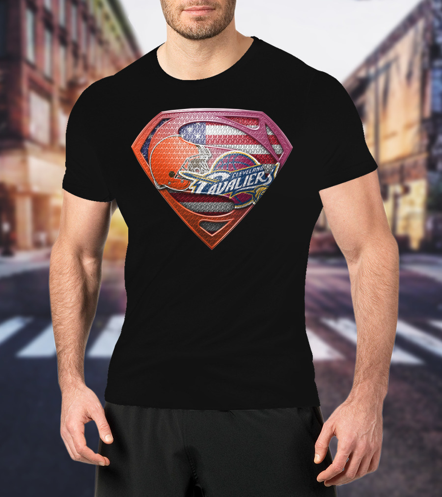 Cleveland Cavaliers And Browns Superman Shield With American Flag T-Shirt