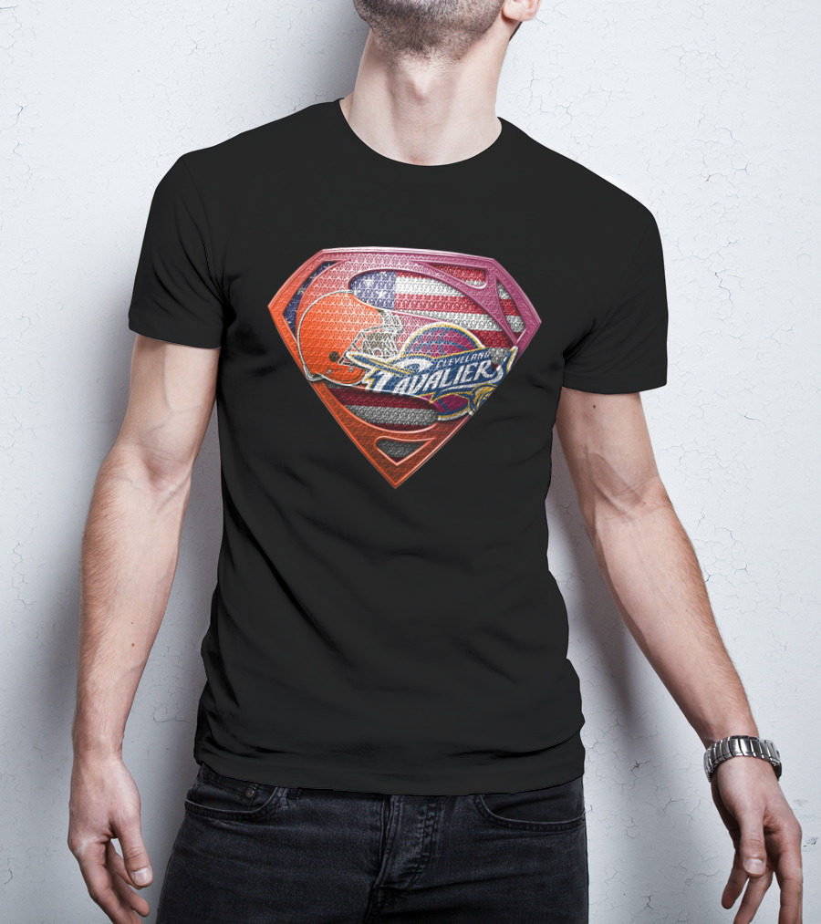 Cleveland Cavaliers And Browns Superman Shield With American Flag T-Shirt