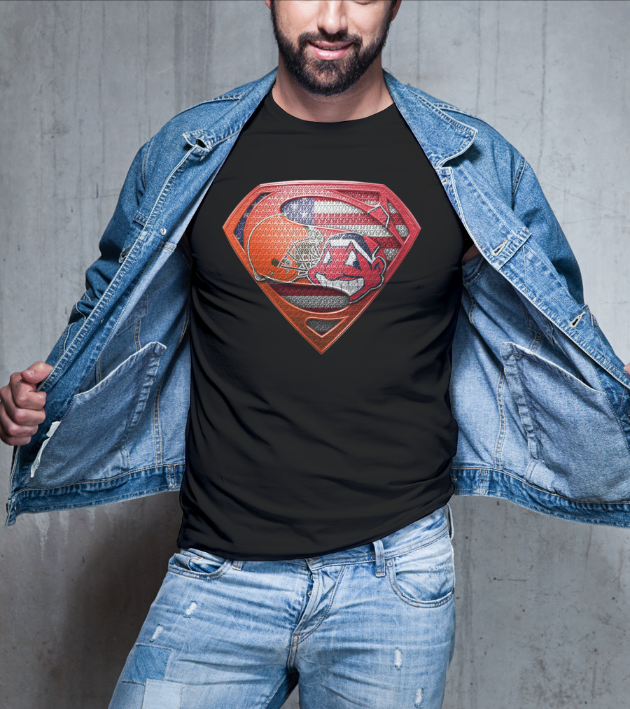 Cleveland Browns Superman Shield With Chief Wahoo And Usa Flag T-Shirt