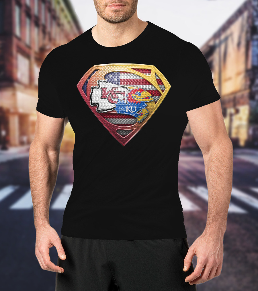 Superman Kansas City Chiefs Ku Jayhawks Usa Flag T-Shirt