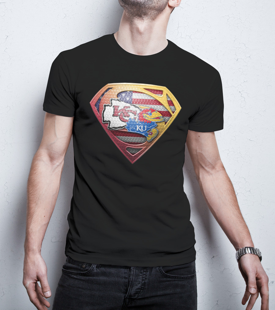 Superman Kansas City Chiefs Ku Jayhawks Usa Flag T-Shirt