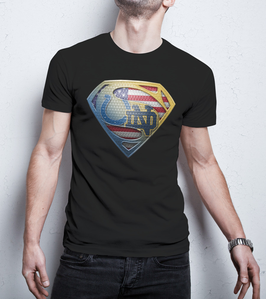 Indianapolis Colts Notre Dame Fighting Irish Superman Shield American Flag T-Shirt
