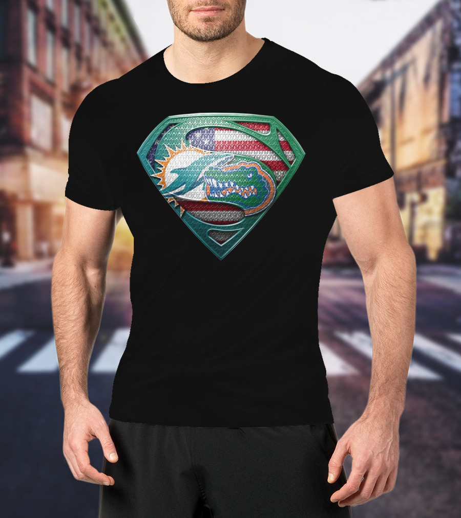Miami Dolphins Florida Gators Superman Logo American Flag T-Shirt