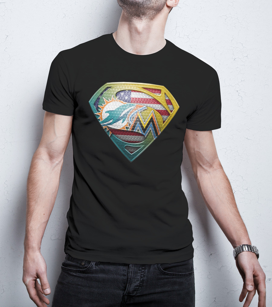 Miami Dolphins Marlins American Flag Superman T-Shirt