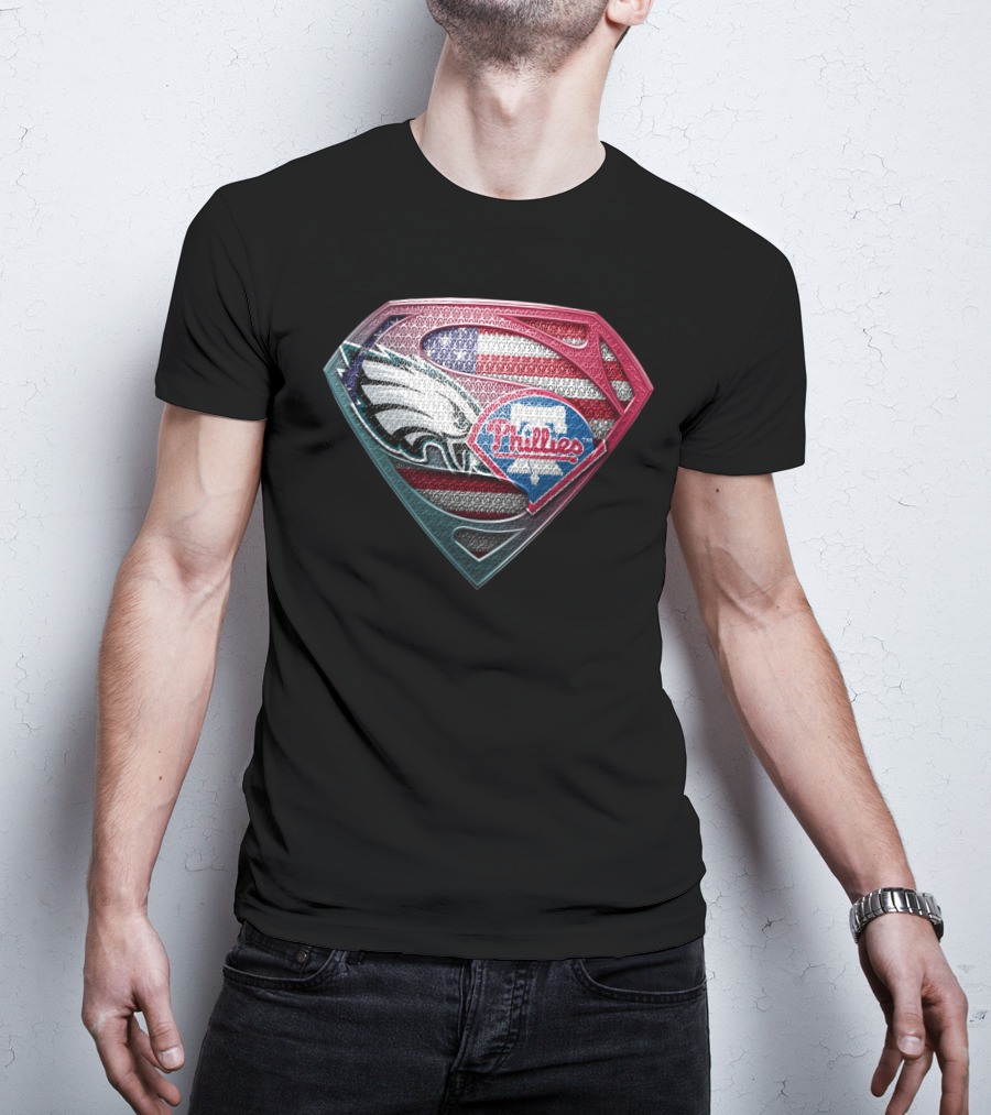 Eagles Phillies Superman Logo American Flag T-Shirt
