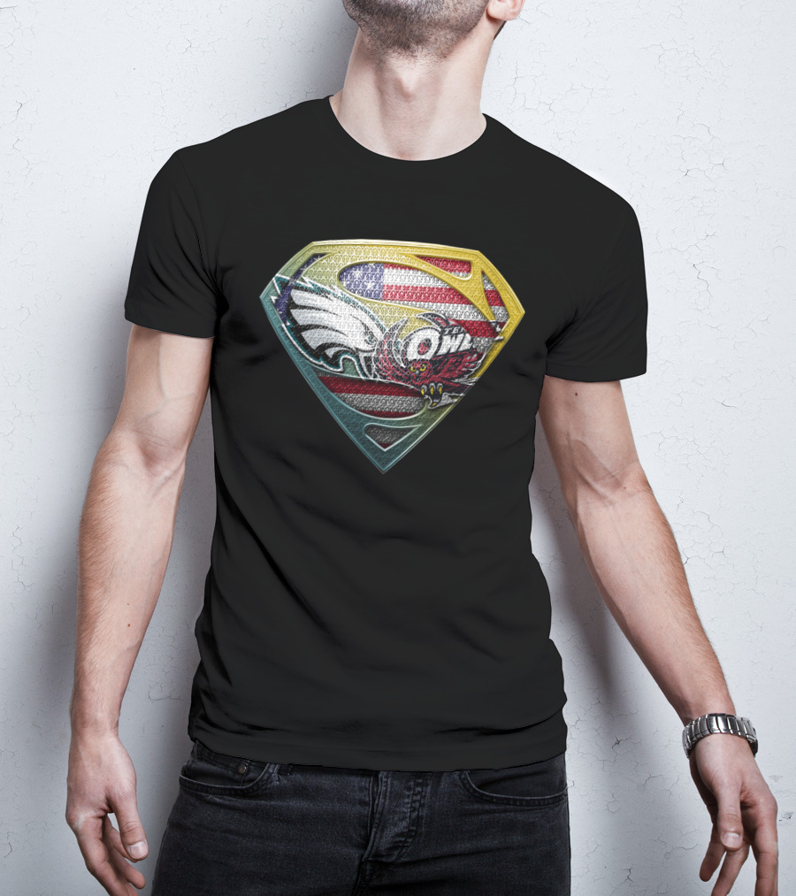 Philadelphia Eagles Temple Owls American Flag Superman Shield T-Shirt