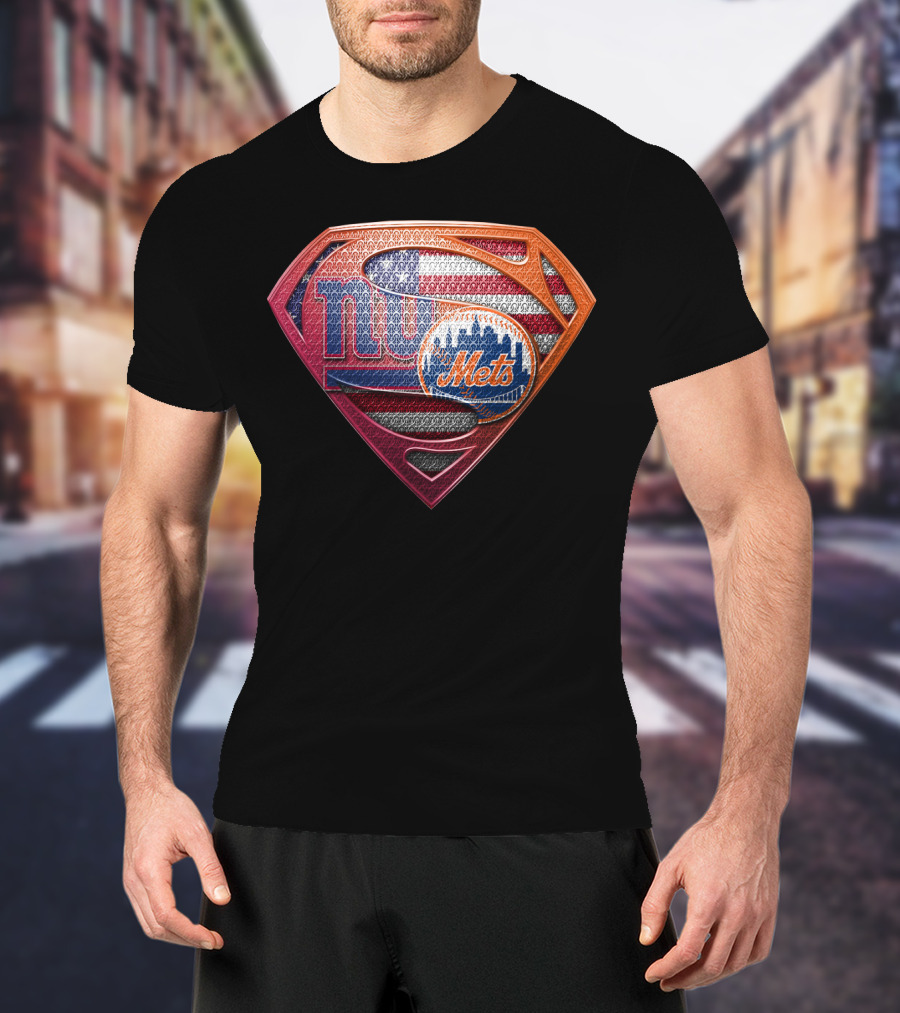 New York Giants Mets Superman Logo American Flag T-Shirt