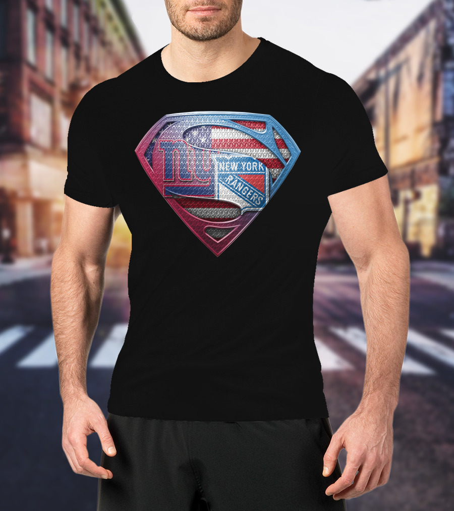 Ny Giants New York Rangers American Flag Superman Shield T-Shirt