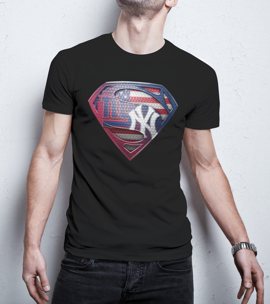 New York Giants Yankees American Flag Superman Logo Fusion T-Shirt