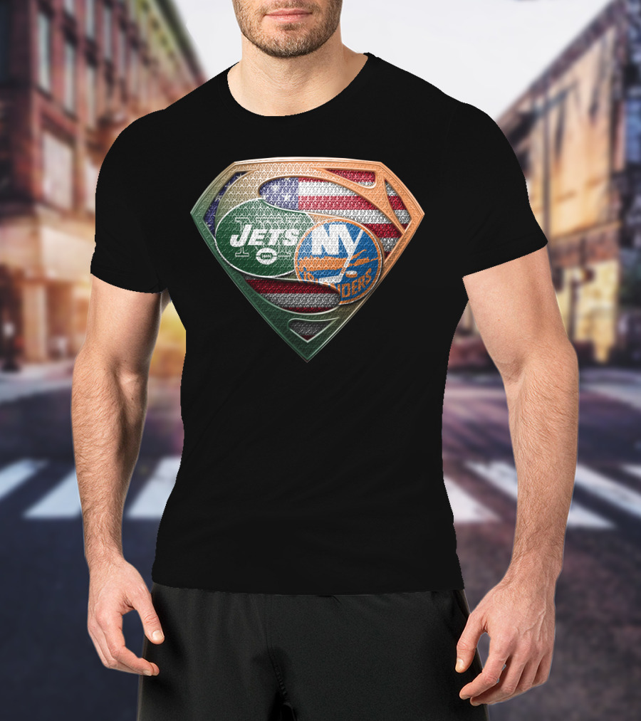New York Jets Ny Islanders American Flag Superman Shield T-Shirt