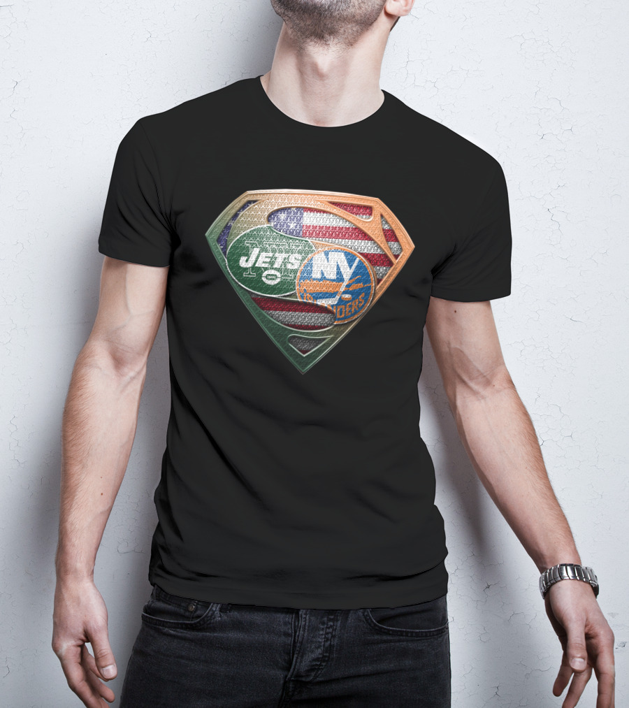 New York Jets Ny Islanders American Flag Superman Shield T-Shirt