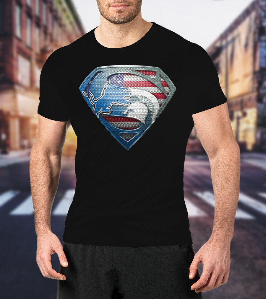 Detroit Lions And Michigan State Spartans American Flag Superman T-Shirt