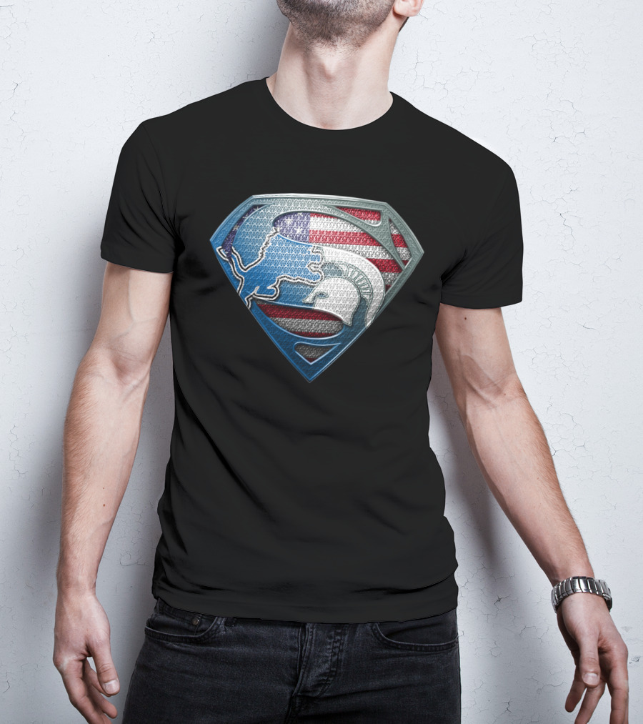 Detroit Lions And Michigan State Spartans American Flag Superman T-Shirt