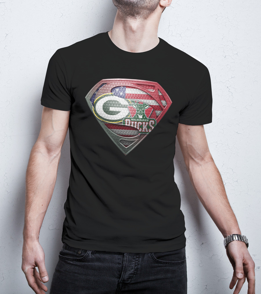 Green Bay Packers Milwaukee Bucks American Flag Superman Shield T-Shirt