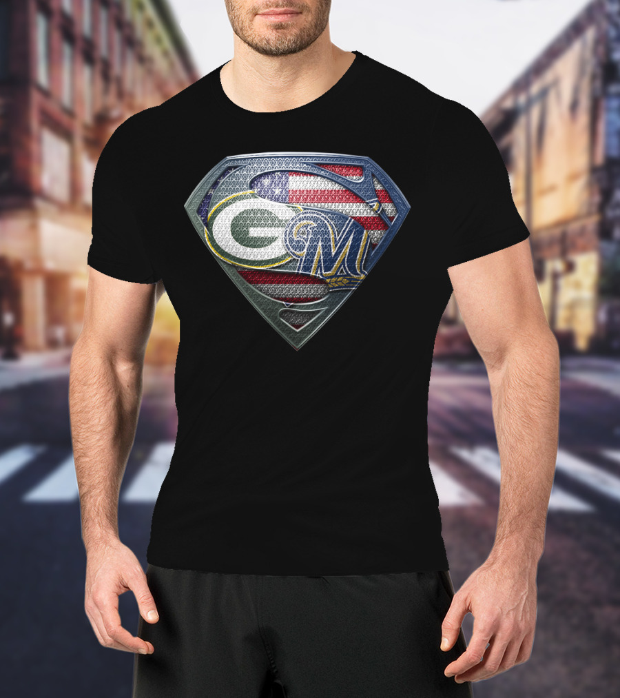Packers Brewers Superman Shield American Flag T-Shirt