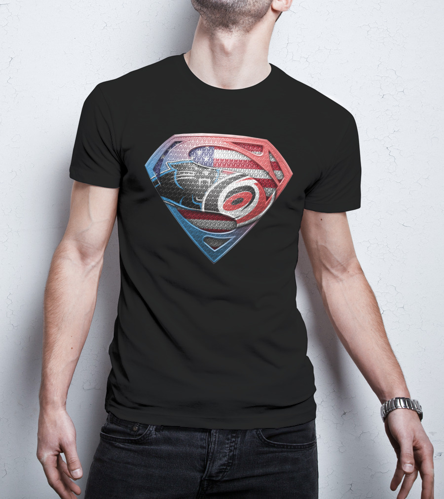 Carolina Panthers And Hurricanes Superman Shield Usa Flag Combination T-Shirt
