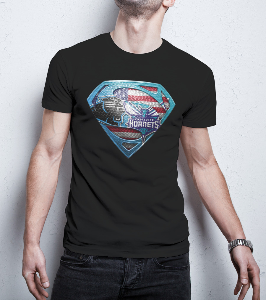 Carolina Panthers Charlotte Hornets American Flag Superman Shield T-Shirt