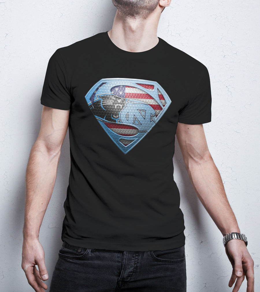 North Carolina Tar Heels And Carolina Panthers Superman Shield With American Flag T-Shirt