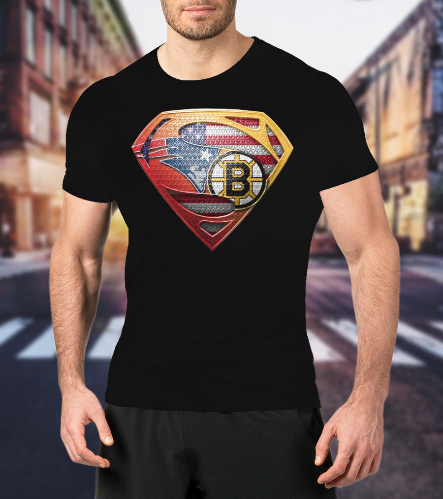 Superman Shield American Flag Boston Bruins New England Patriots T-Shirt