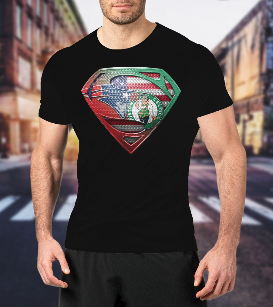 Superman Shield With Boston Celtics Logo And American Flag T-Shirt