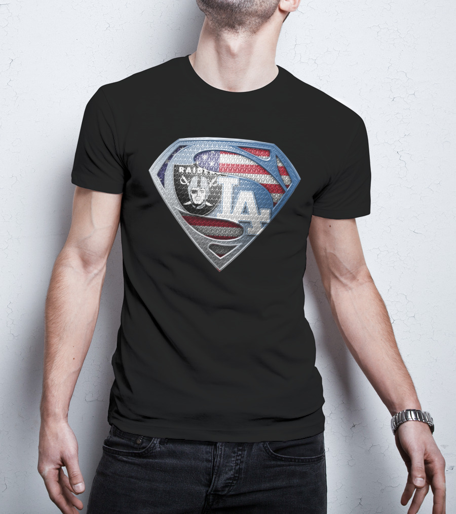 Raiders La Dodgers Superman Logo American Flag Football Baseball Fan T-Shirt