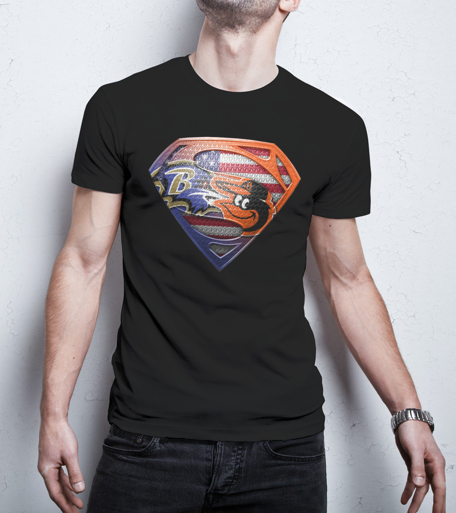 Baltimore Ravens Orioles Superman Usa Flag T-Shirt