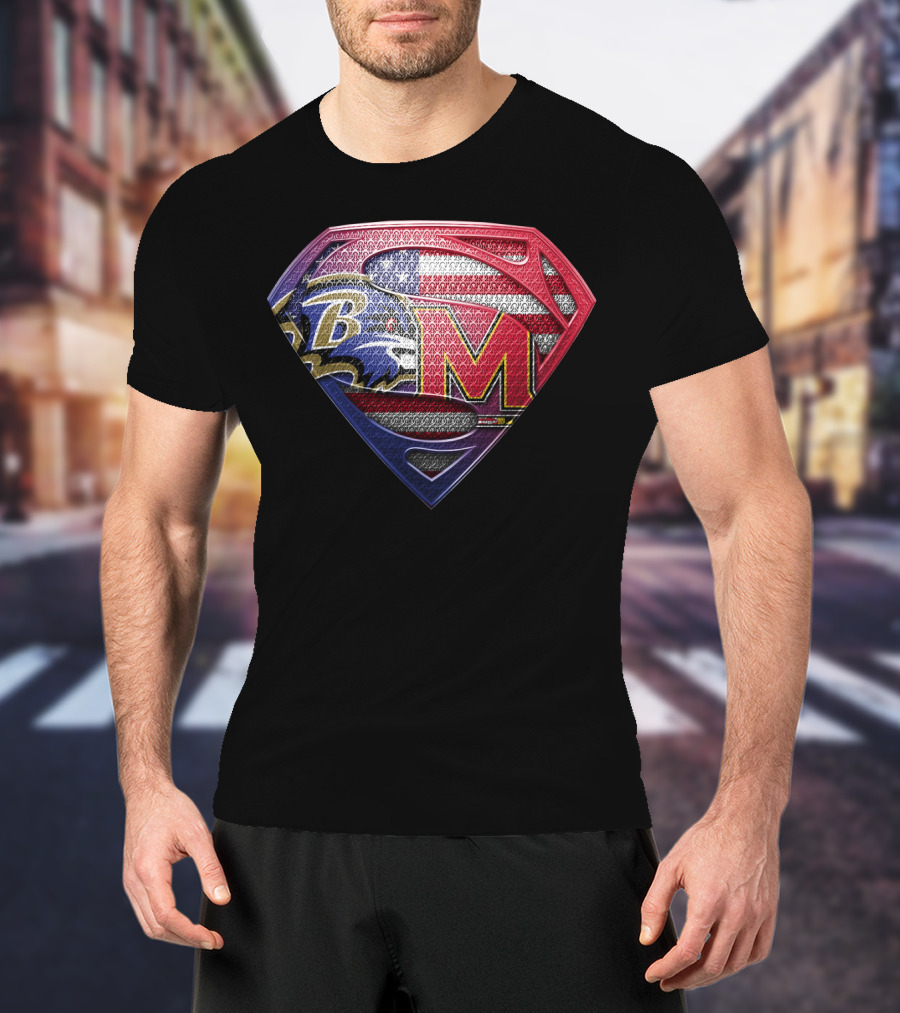 Baltimore Ravens Maryland Terrapins Superman Logo American Flag T-Shirt