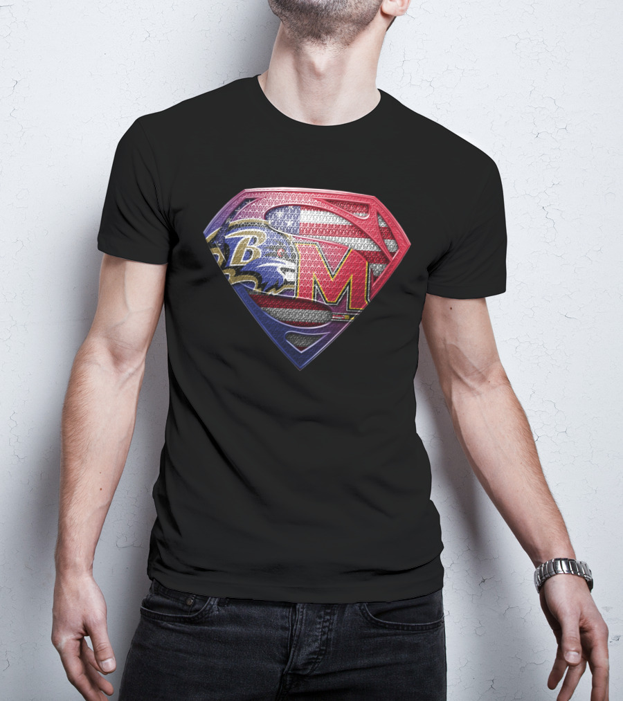 Baltimore Ravens Maryland Terrapins Superman Logo American Flag T-Shirt