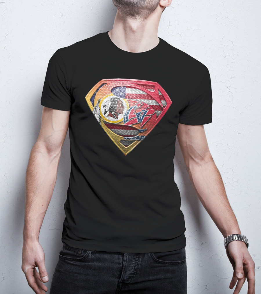 Superman Shield Design With Washington Redskins And Washington Wizards Logos T-Shirt